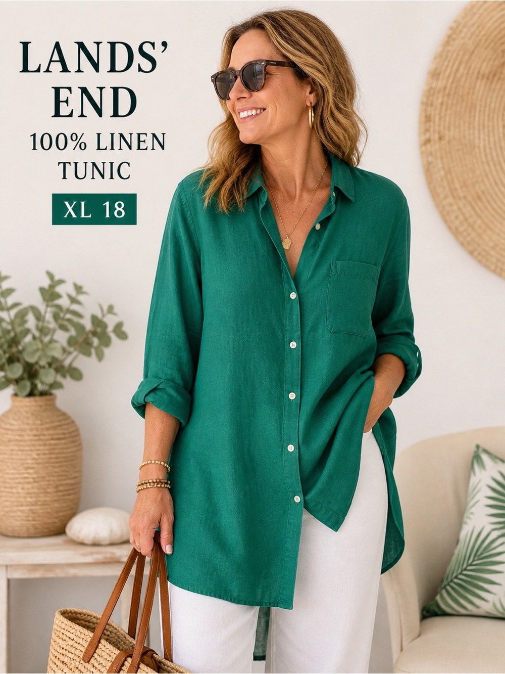 Lands End Linen Tunic XL 18 Green Button Up Shirt Coastal Lagenlook